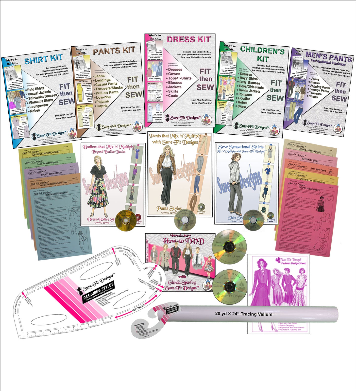 A collection of multiple sewing patterns, designing books, a designing stylus, a how to DVD, a 24 inch roll of tracing paper and a designing companion