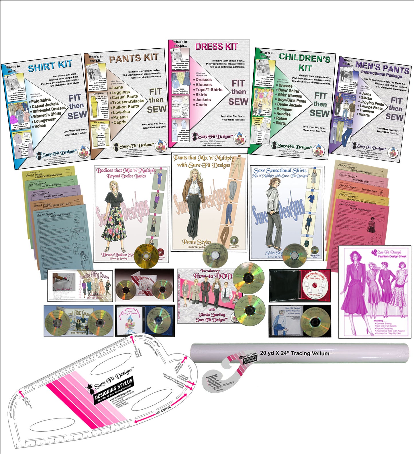 A collection of multiple sewing patterns, designing books, a designing stylus, a multiple fitting DVDs, a 24 inch roll of tracing paper and a designing companion
