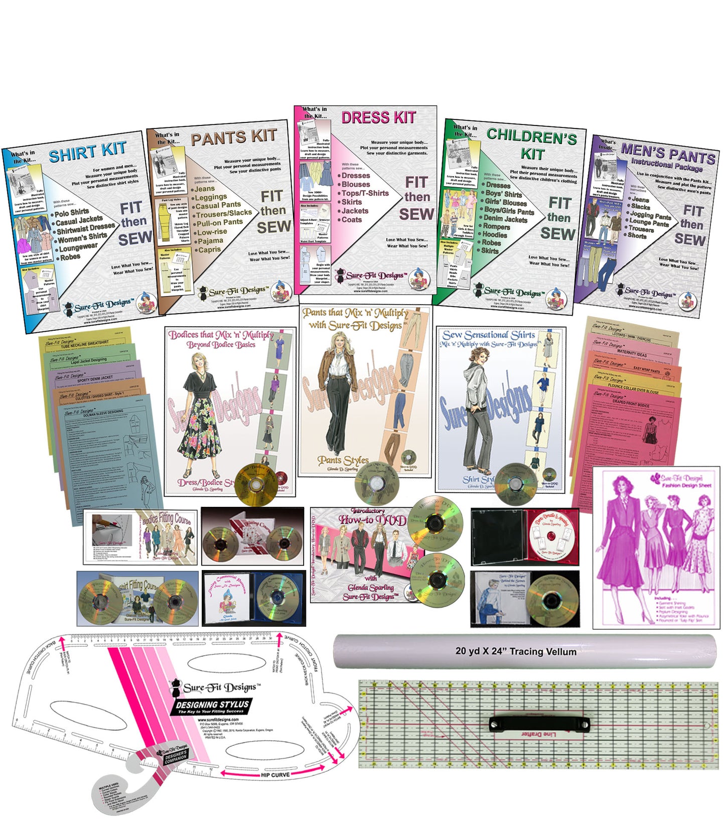 A collection of multiple sewing patterns, designing books, a designing stylus, a how to DVD, a 24 inch roll of tracing paper and a designing companion