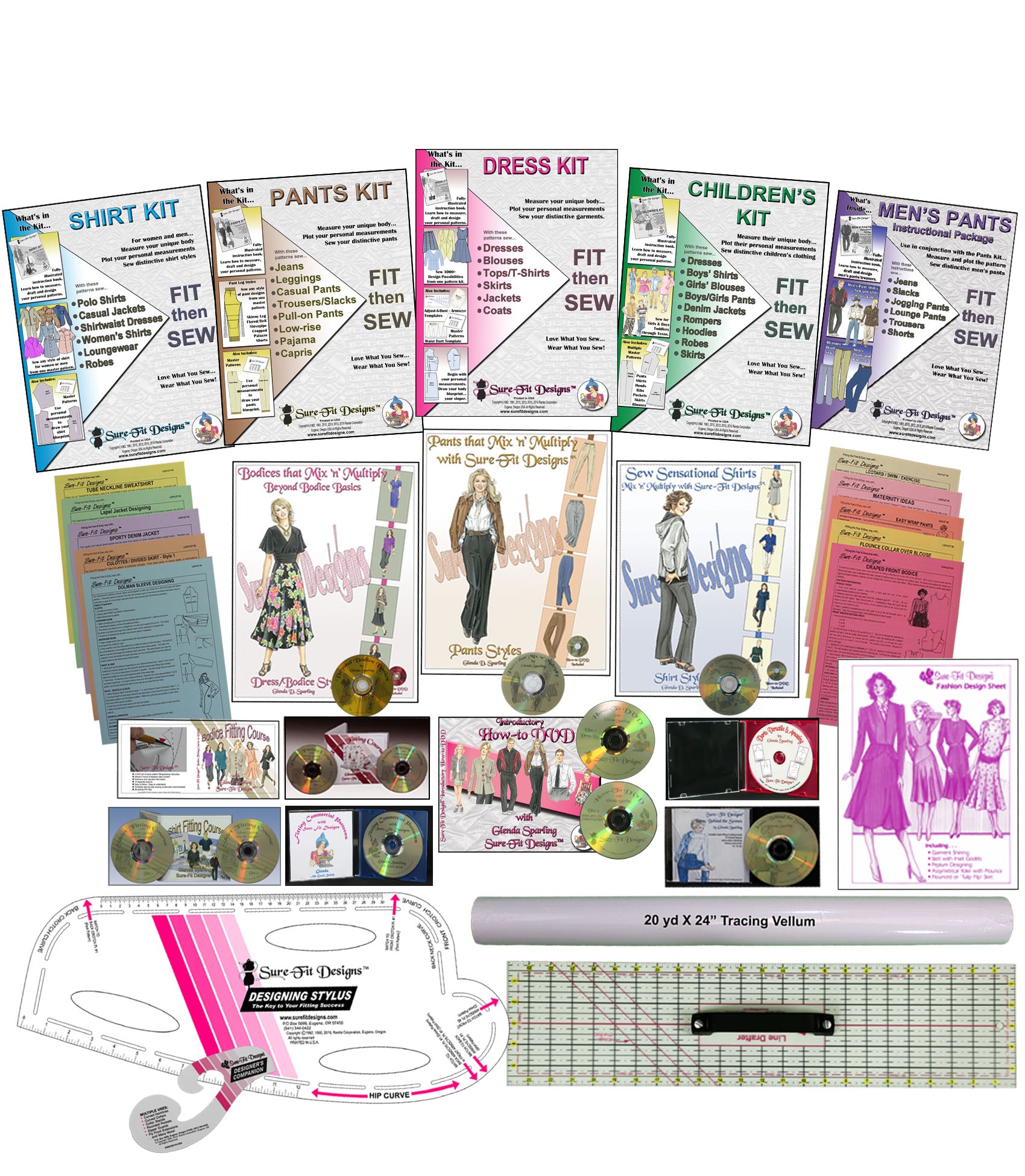 A collection of multiple sewing patterns, designing books, a designing stylus, a how to DVD, a 24 inch roll of tracing paper and a designing companion