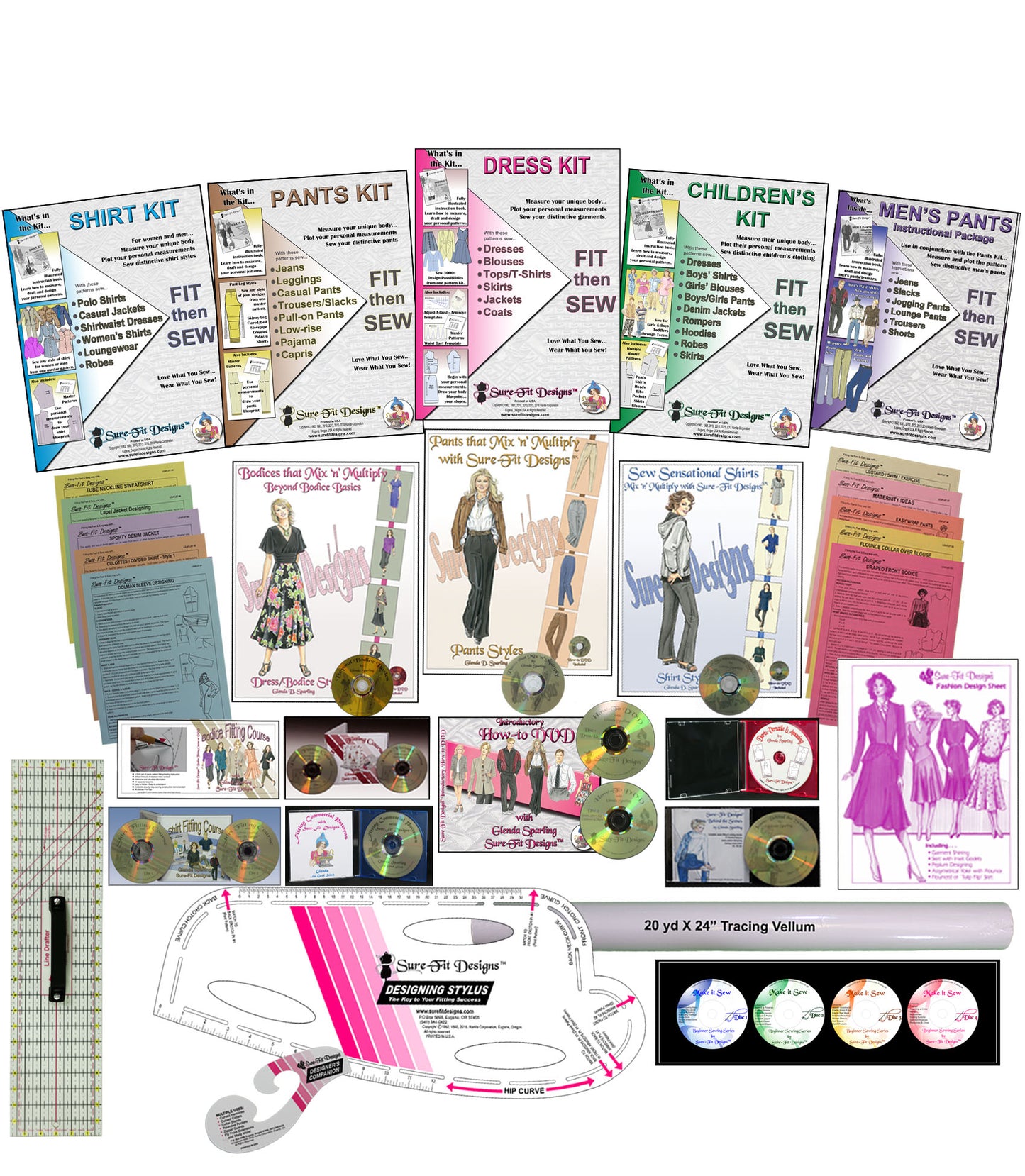 A collection of multiple sewing patterns, designing books, a designing stylus, a how to DVD, a 24 inch roll of tracing paper and a designing companion and a line drafter