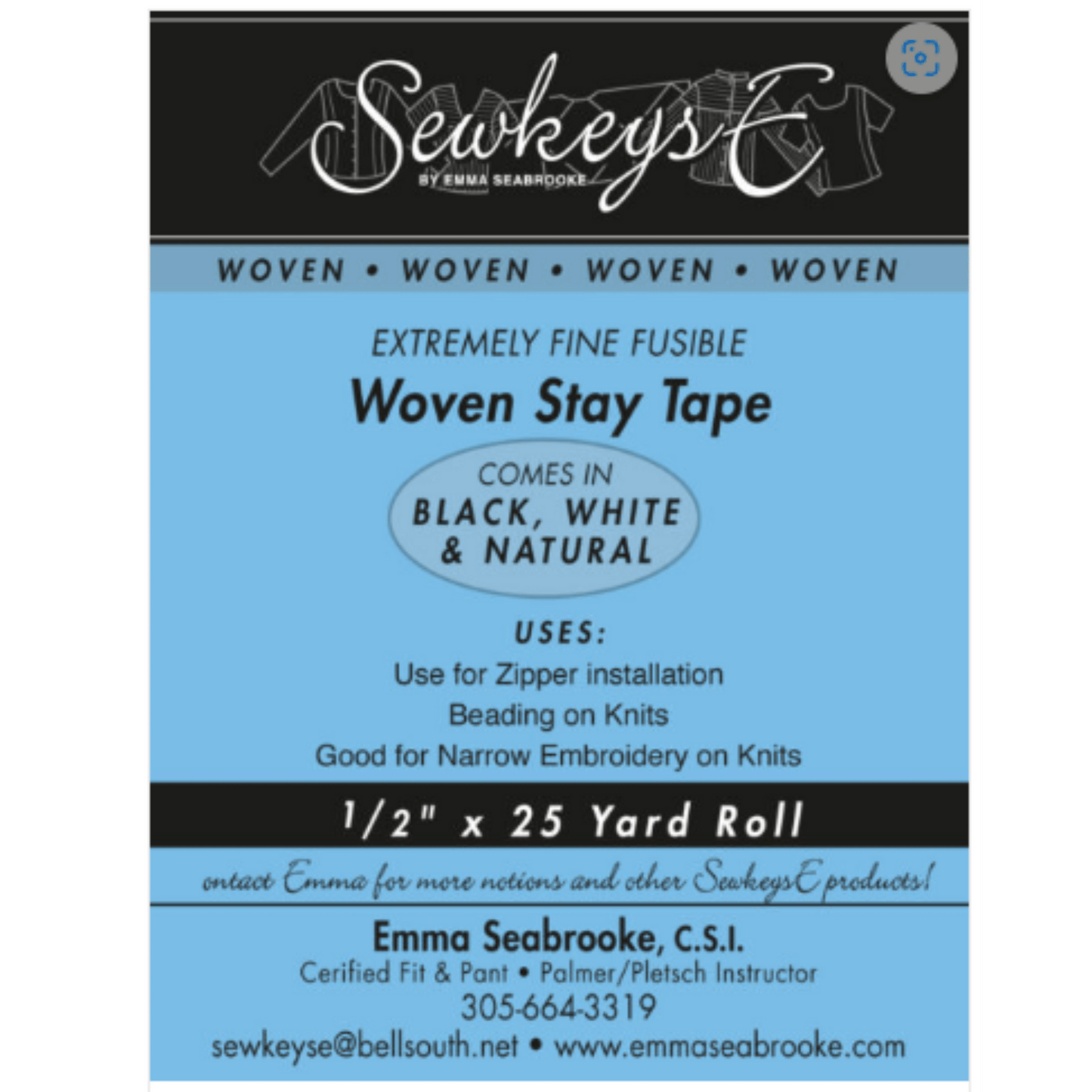 A package of woven stay tape for sewing that is 1/2 inches wide and 25 yards long.  The package is black and sky blue in color and made by SewkeysE