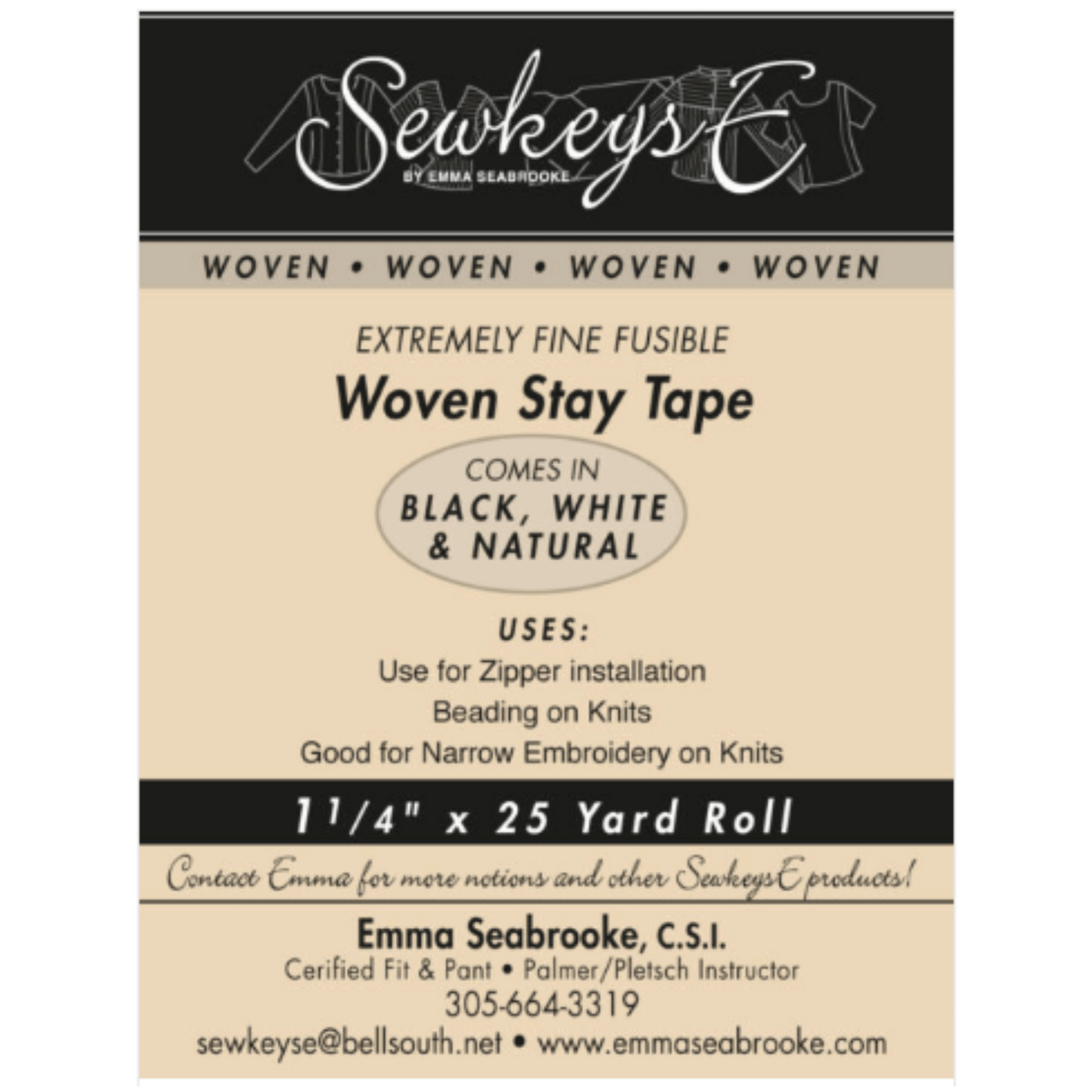 A package of woven stay tape for sewing that is 1 1/4 inches wide and 25 yards long.  The package is black and tan in color and made by SewkeysE
