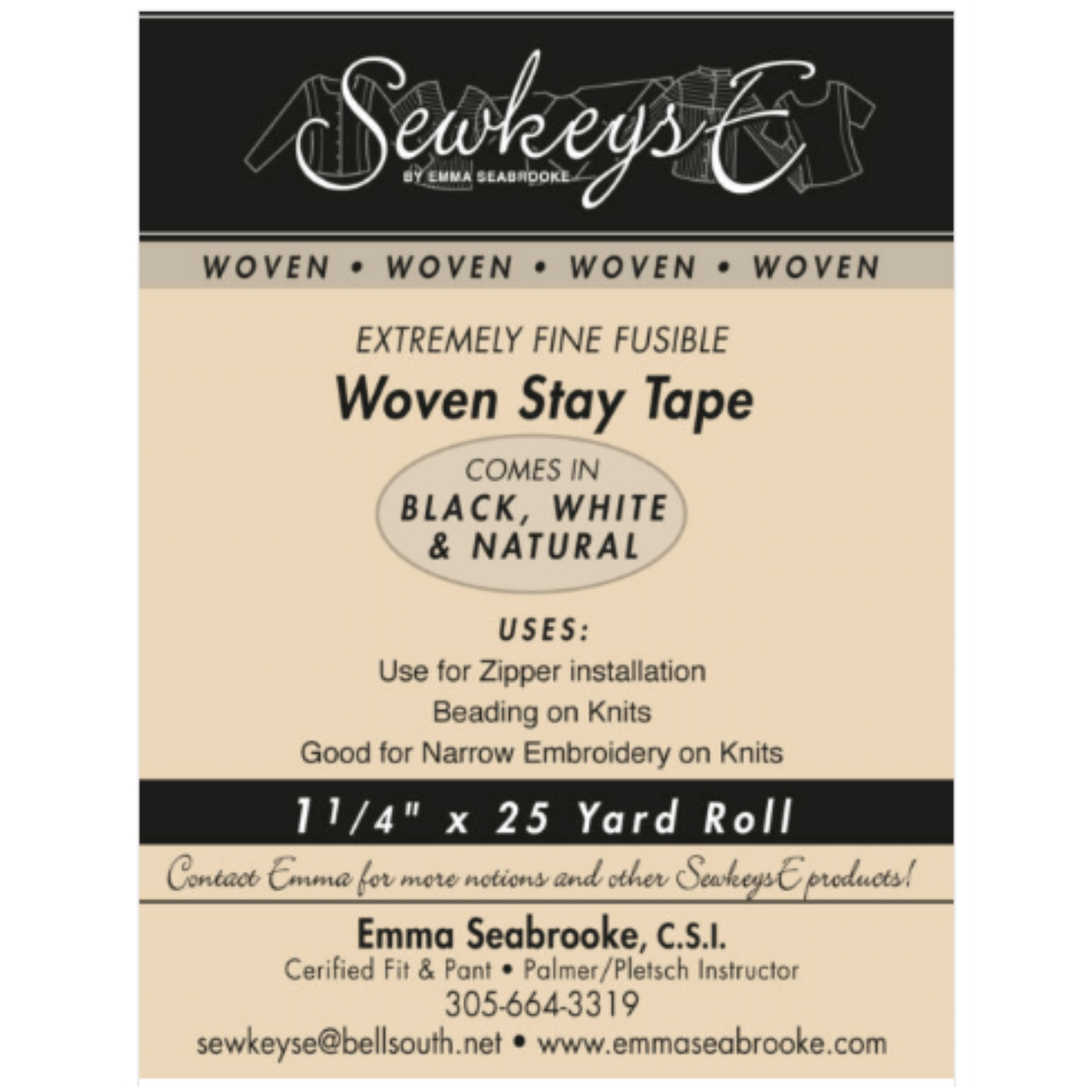 A package of woven stay tape for sewing that is 1 1/4 inches wide and 25 yards long.  The package is black and tan in color and made by SewkeysE