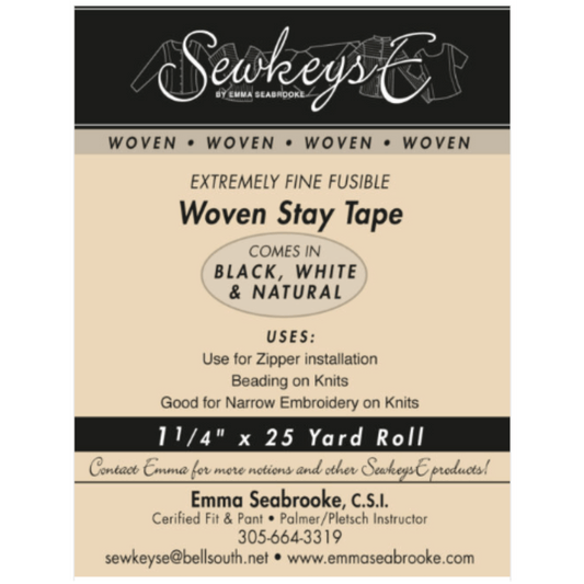A package of woven stay tape for sewing that is 1 1/4 inches wide and 25 yards long.  The package is black and tan in color and made by SewkeysE
