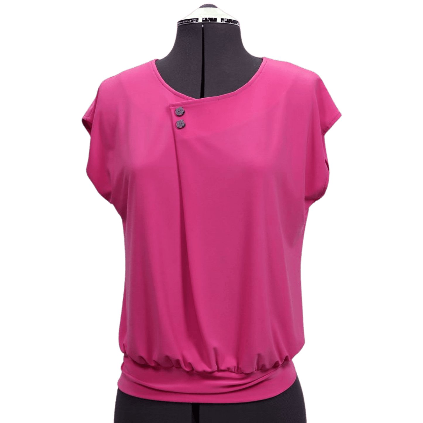 A pink shirt on a mannequin with two buttons on the left neckline