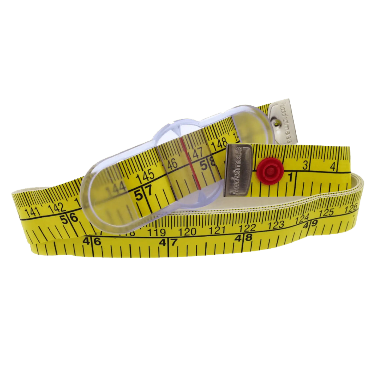 Yellow measuring tape with a red button on a white background