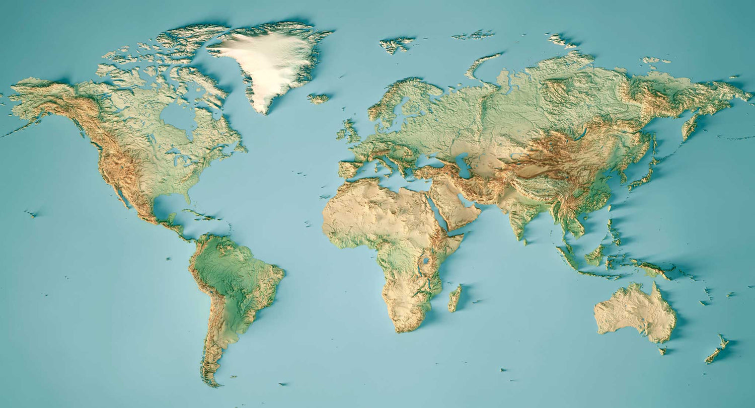 map of the world. The ocean colors are teal blue and the land is tan and shades of green