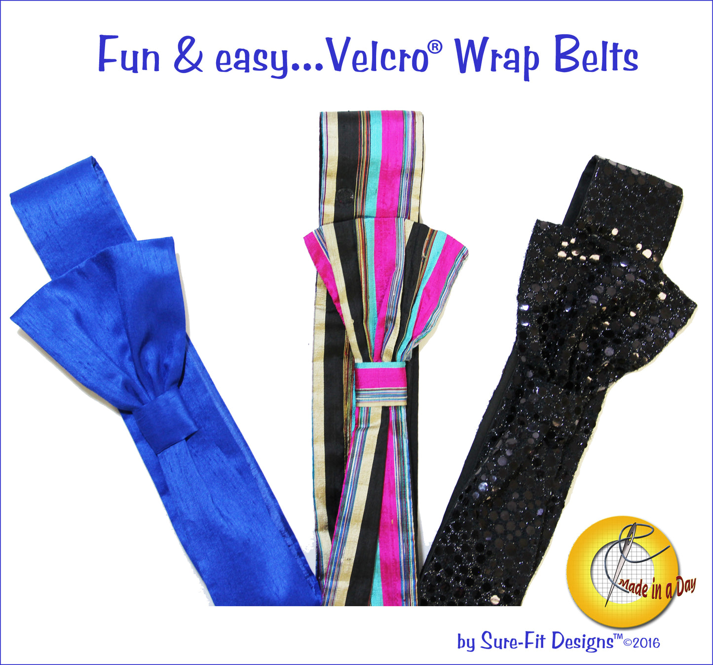 three belts with bow ties. from the left is blue, striped with black and pink and black sequined