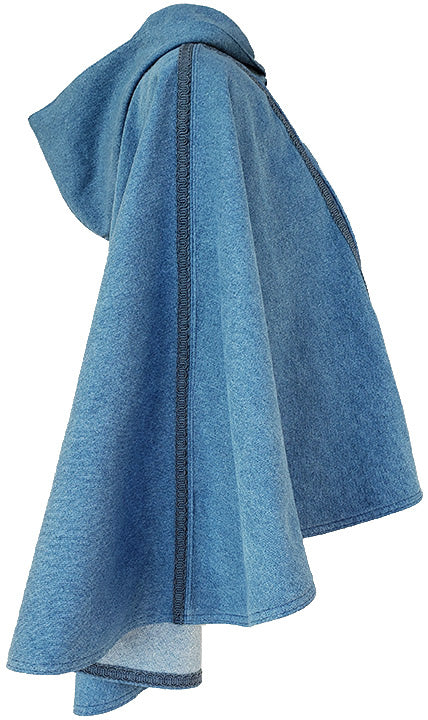 A digital PDF sewing pattern for hooded cape. The garment is the side view of a blue hooded cape.