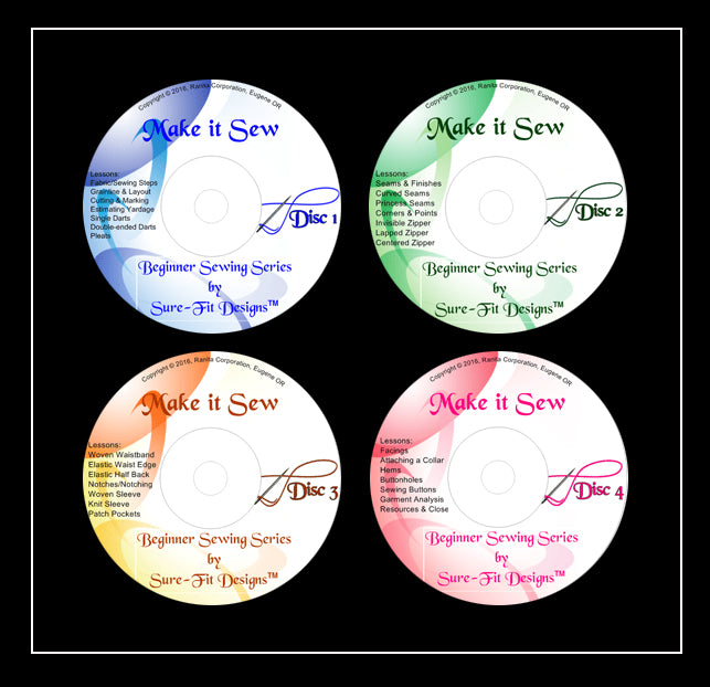 Four DVDs displayed in 2 row of 2 titled Make It Sew. from the top left is blue, green, yellow and red.