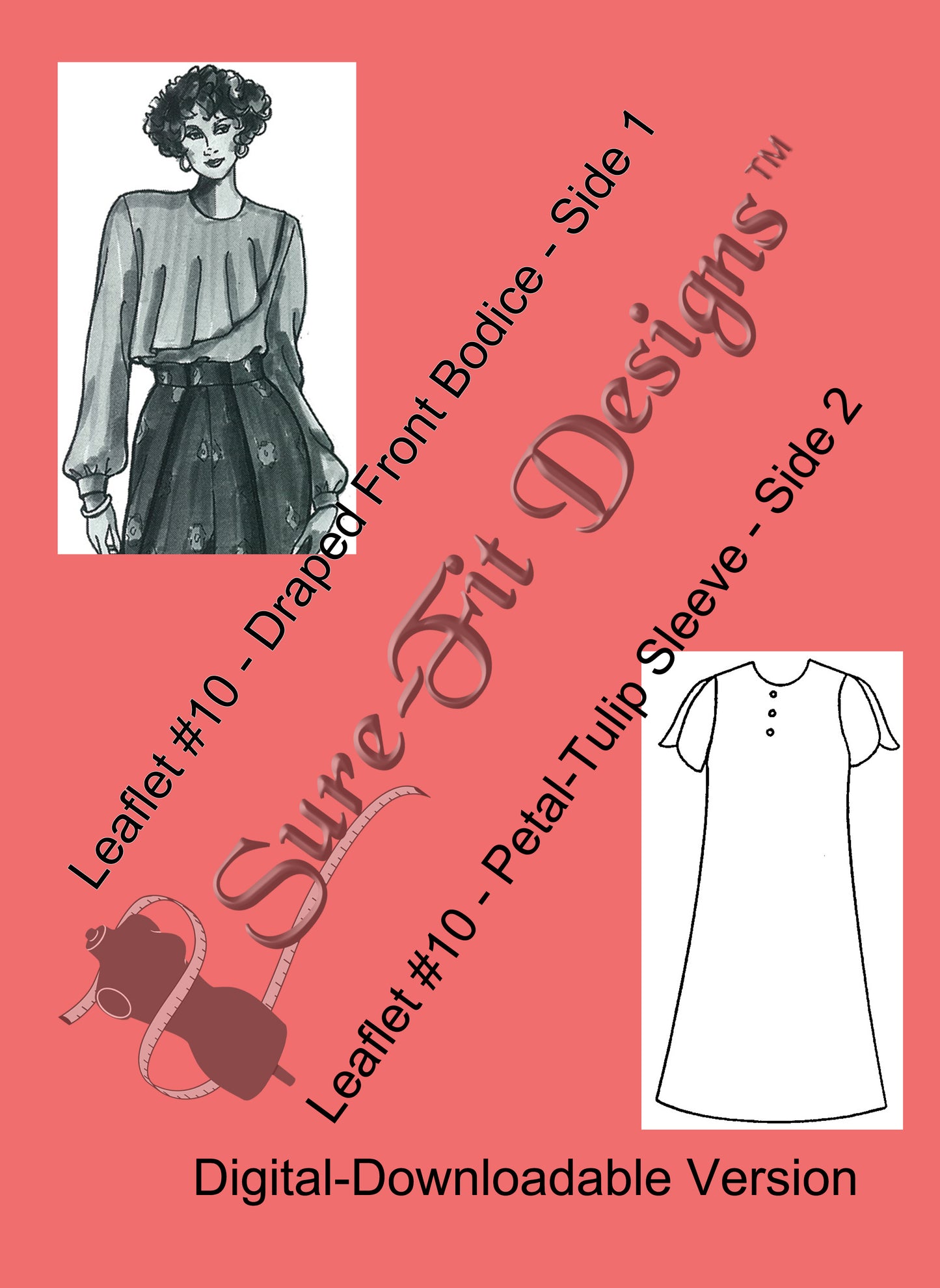 A pattern for how to a draped front bodice printed on coral colored paper