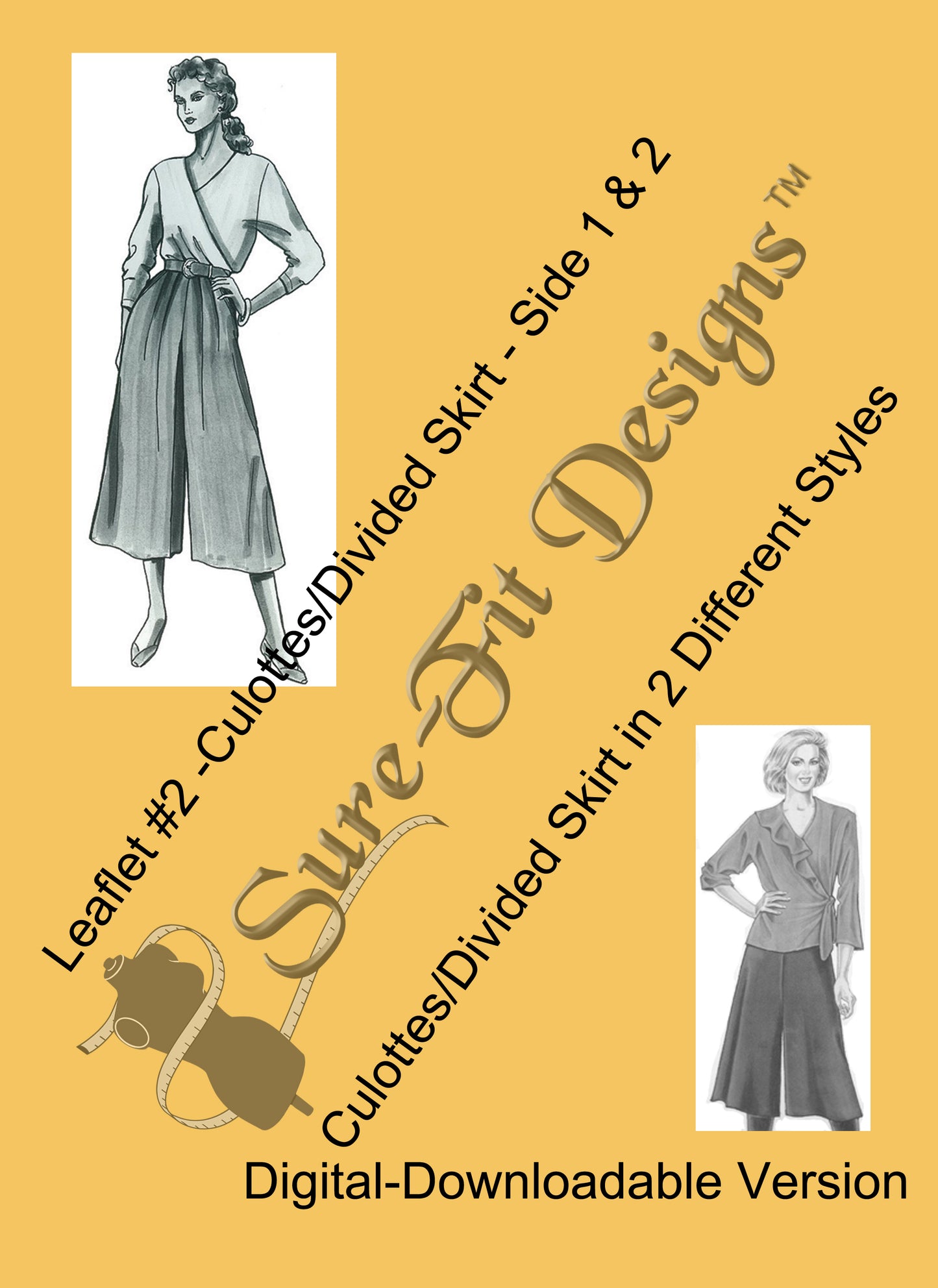 A pattern for how to make a culottes or a divided skirt printed on marigold colored paper