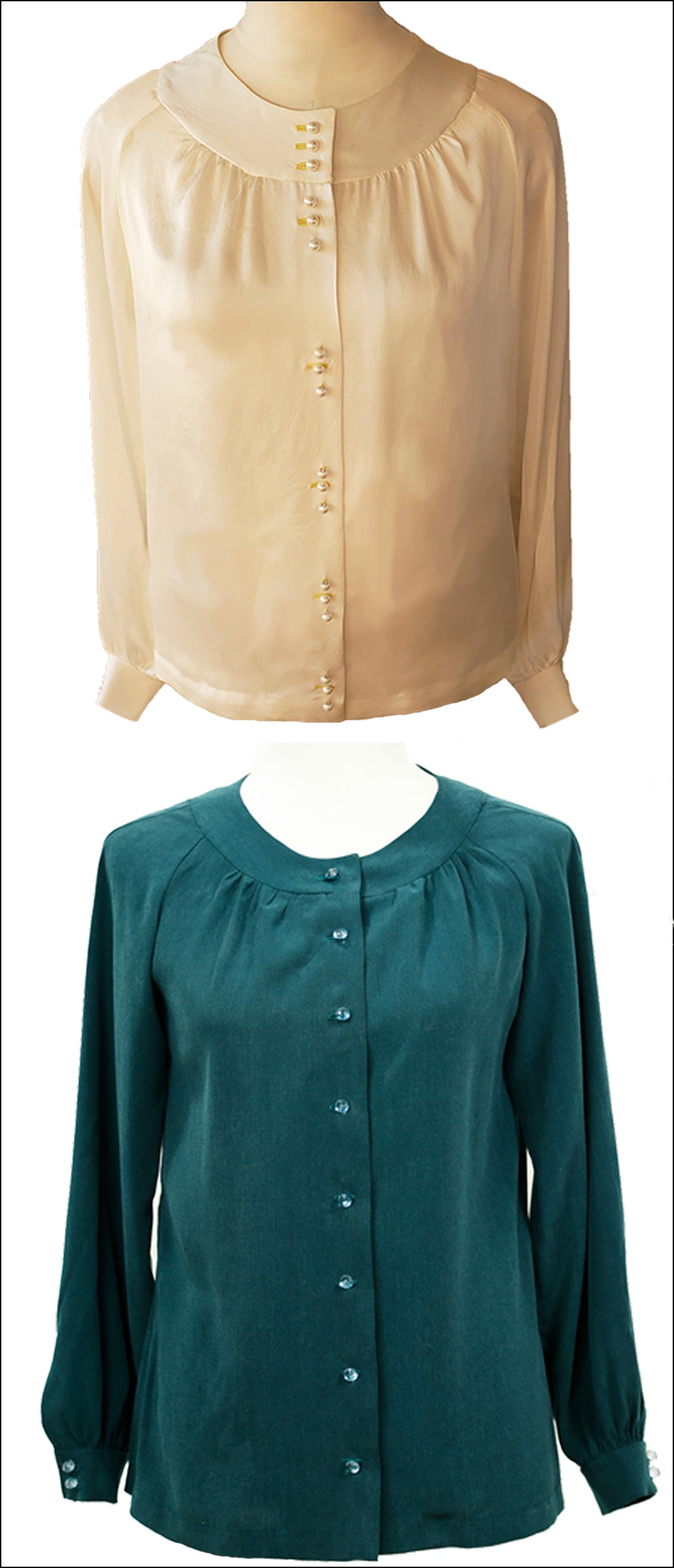 A digital sewing PDF for a long sleeved button up blouse. Two blouses are shown on mannequins, one blouse is peach, the other garment is green