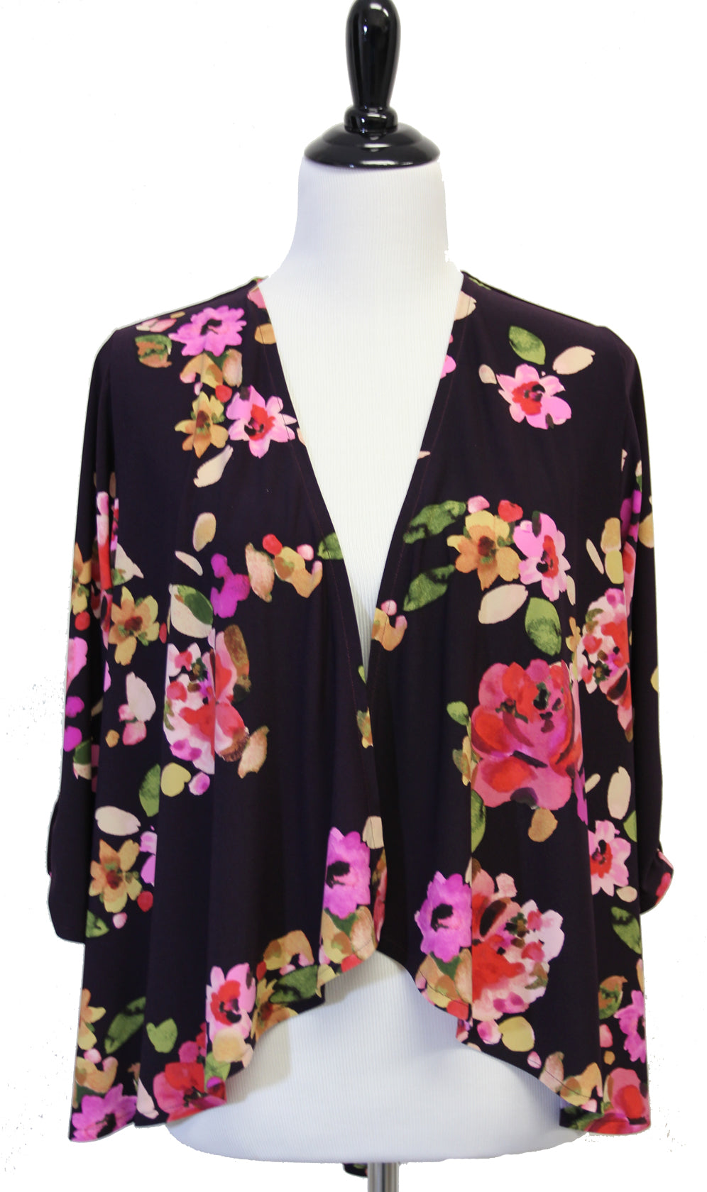 Black dress with pink tropical flowers