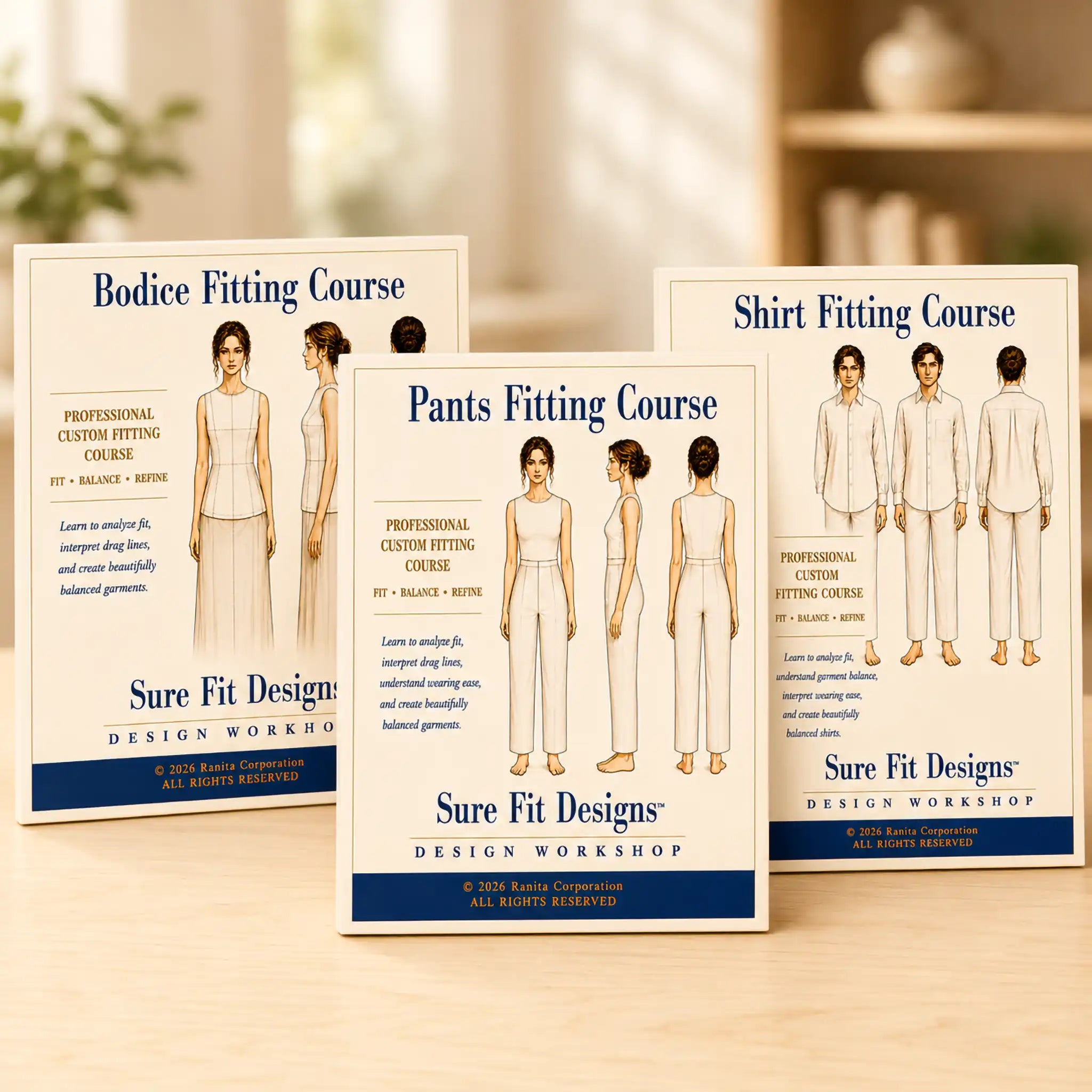 A Bodice, Pants and Shirt Fitting course displayed on a light maple table