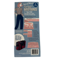 A product card for 1 inch non roll waistband interfacing.  The picture has a blue background with a woman on the upper left.  There are pink samples of waistbands and how to use the product and a large bag for using it in the opening