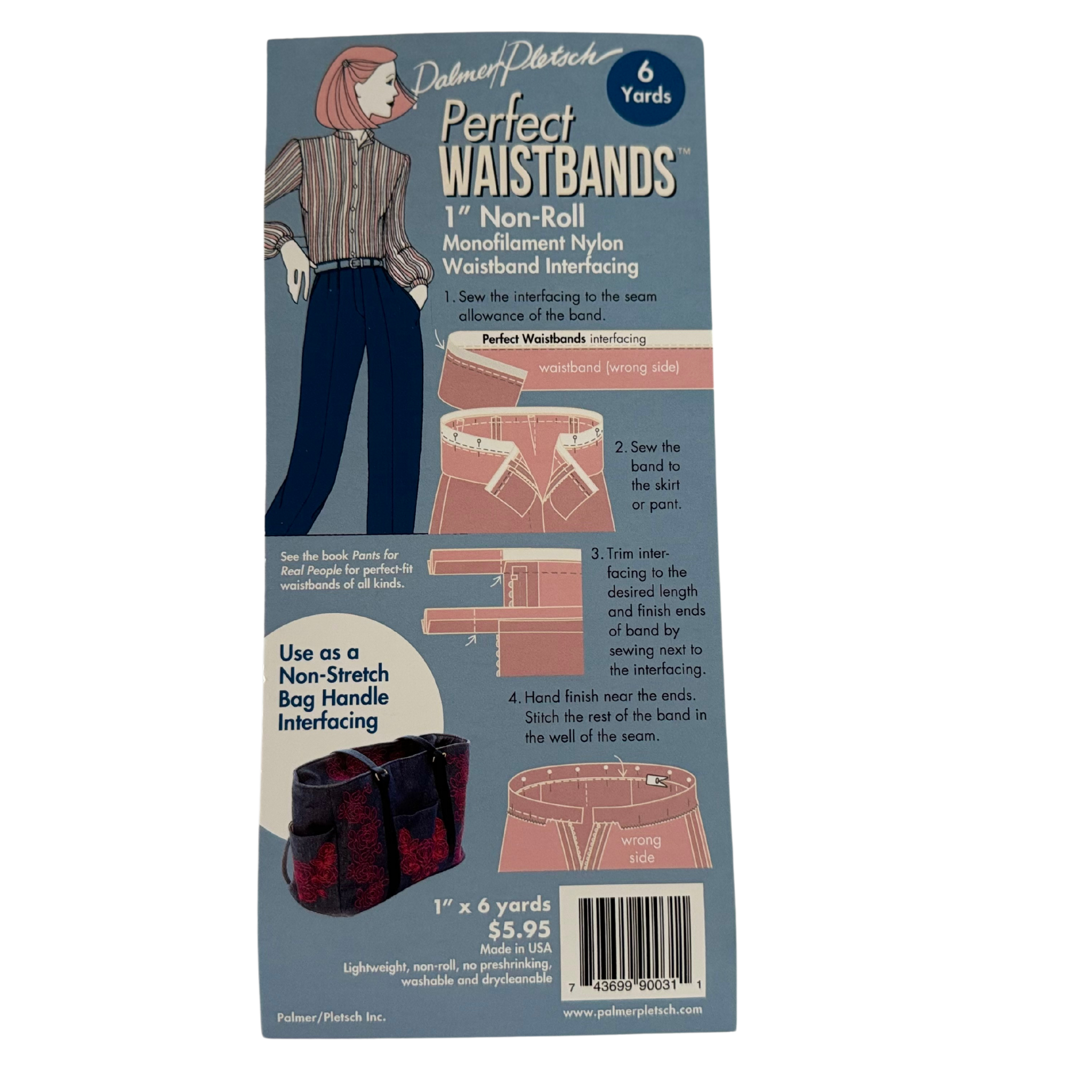 A product card for 1 inch non roll waistband interfacing.  The picture has a blue background with a woman on the upper left.  There are pink samples of waistbands and how to use the product and a large bag for using it in the opening