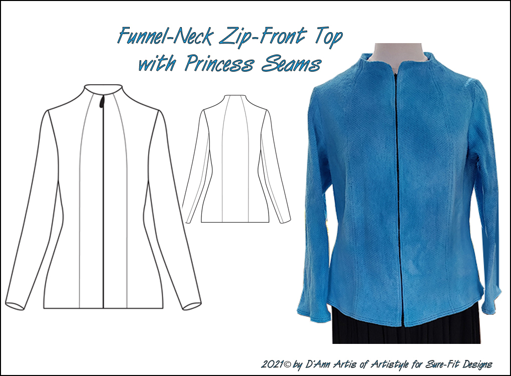 A digital PDF sewing pattern fora Funnel Neck Top.  The garment is a blue zip up jacket on a mannequin. Includes line drawings.