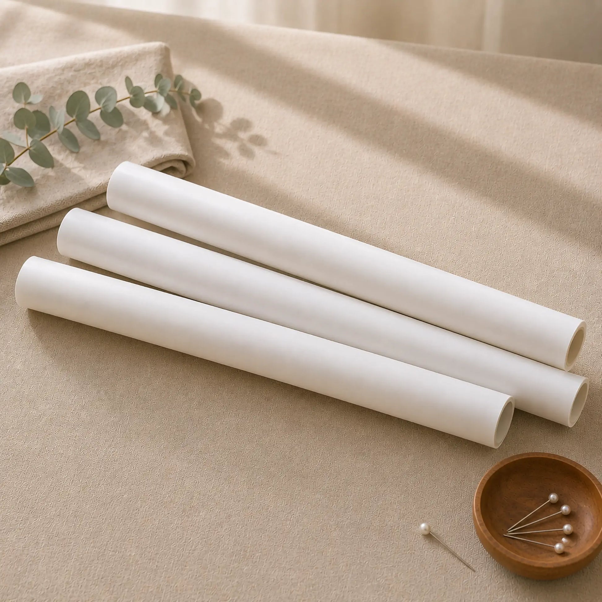 Three white cylindrical rolls of transparent tracing paper laid diagonally on a beige fabric surface, with a folded beige cloth, eucalyptus sprig, and a small wooden pin holder with pearl pins nearby.