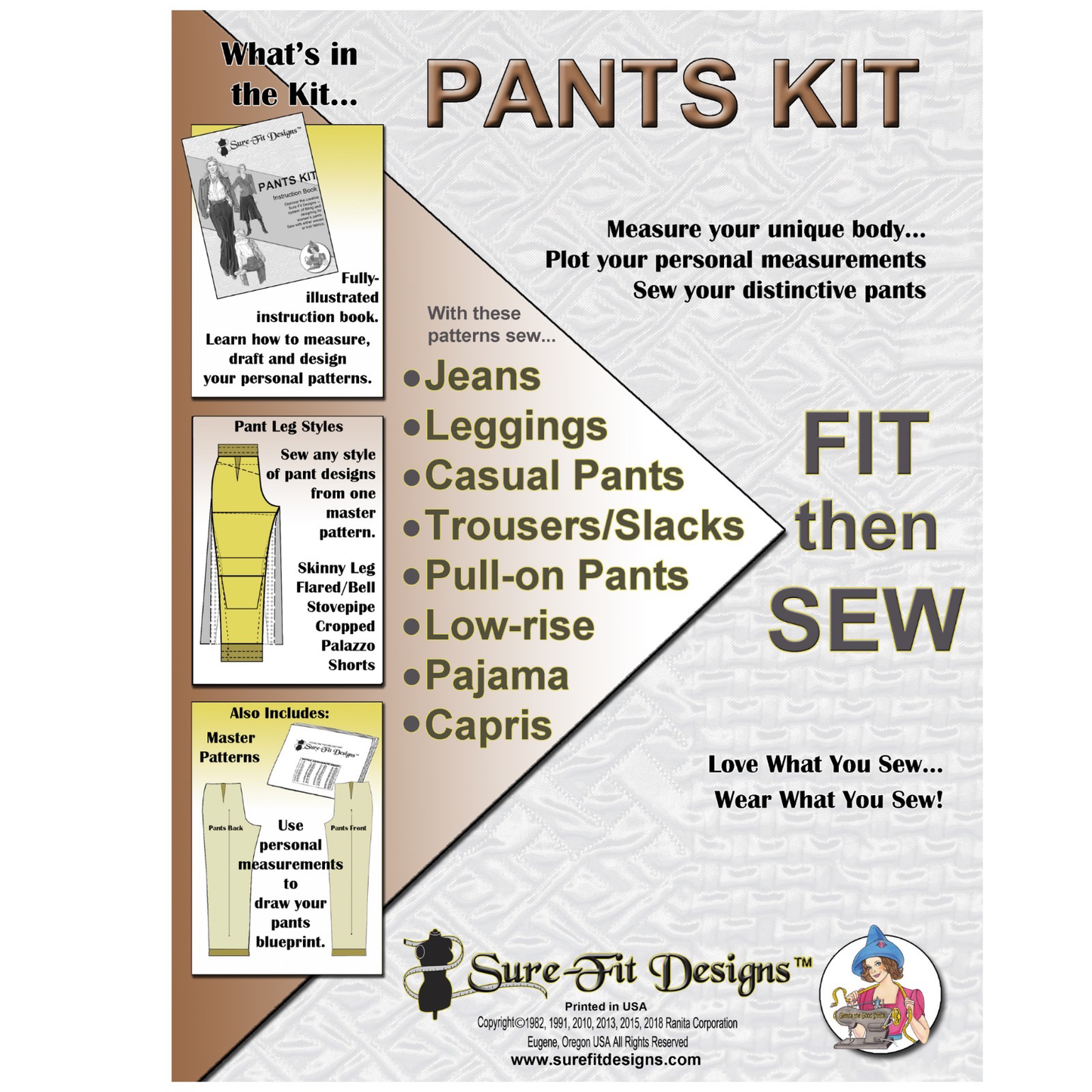 Pants kit from Sure Fit Designs packaging with text and illustrations on a white background