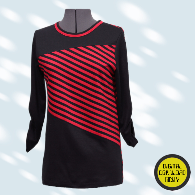 Black and red striped tunic on a mannequin against a light gray background
