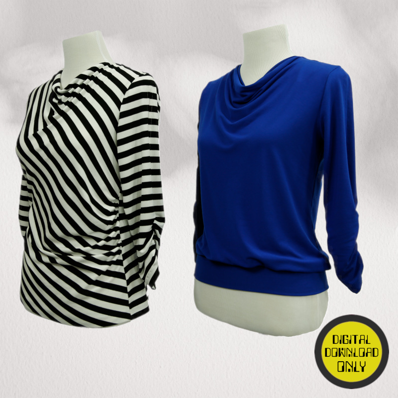 Two mannequins wearing black and white striped and blue tops on a plain background.