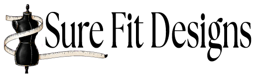Logo of Sure Fit Designs with a mannequin and measuring tape on a white background