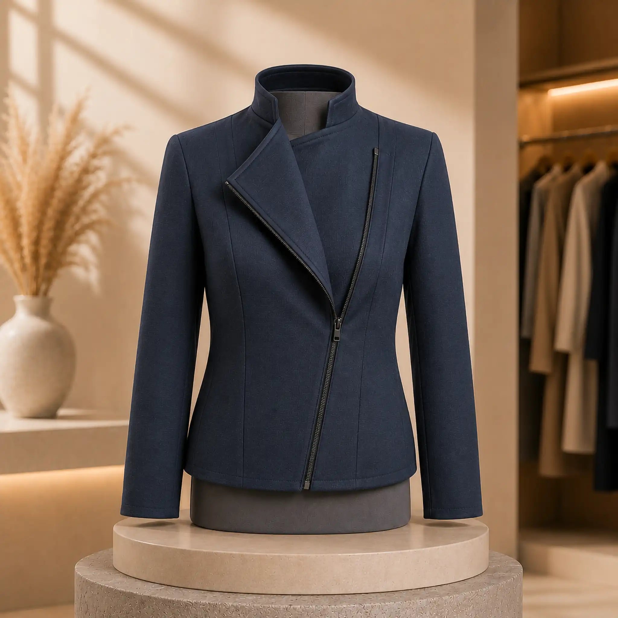 A navy blue asymmetrical zip-front jacket displayed on a dark gray mannequin torso, set on a round pedestal in a softly lit boutique interior with warm beige walls and clothing racks in the background.