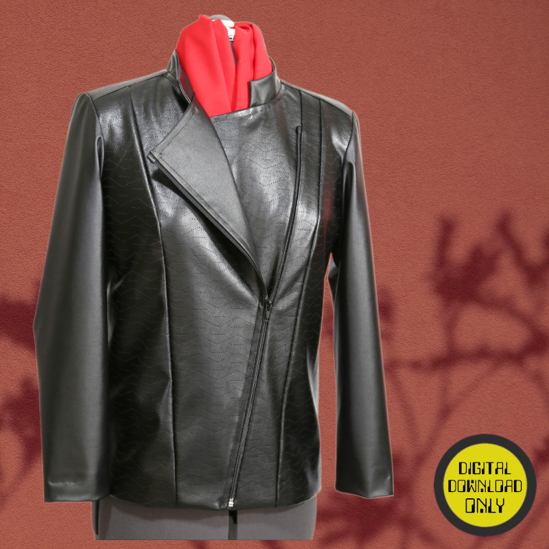 Black leather jacket on a mannequin with red lining against a brown background