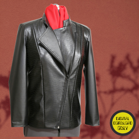 Black leather jacket on a mannequin with red lining against a brown background