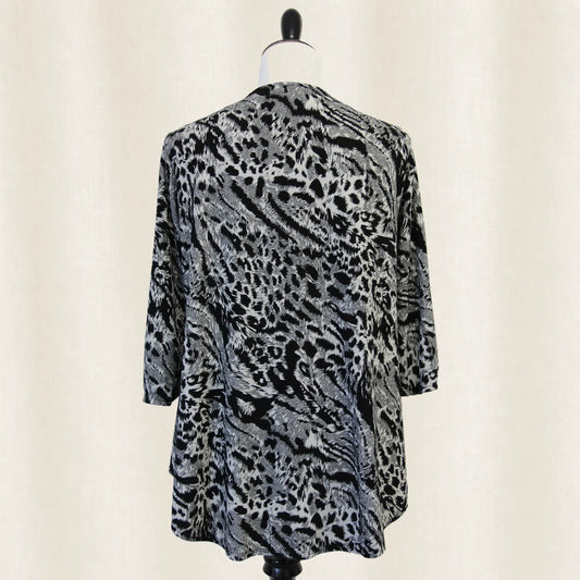 Leopard print cardigan back view on a mannequin against a plain background