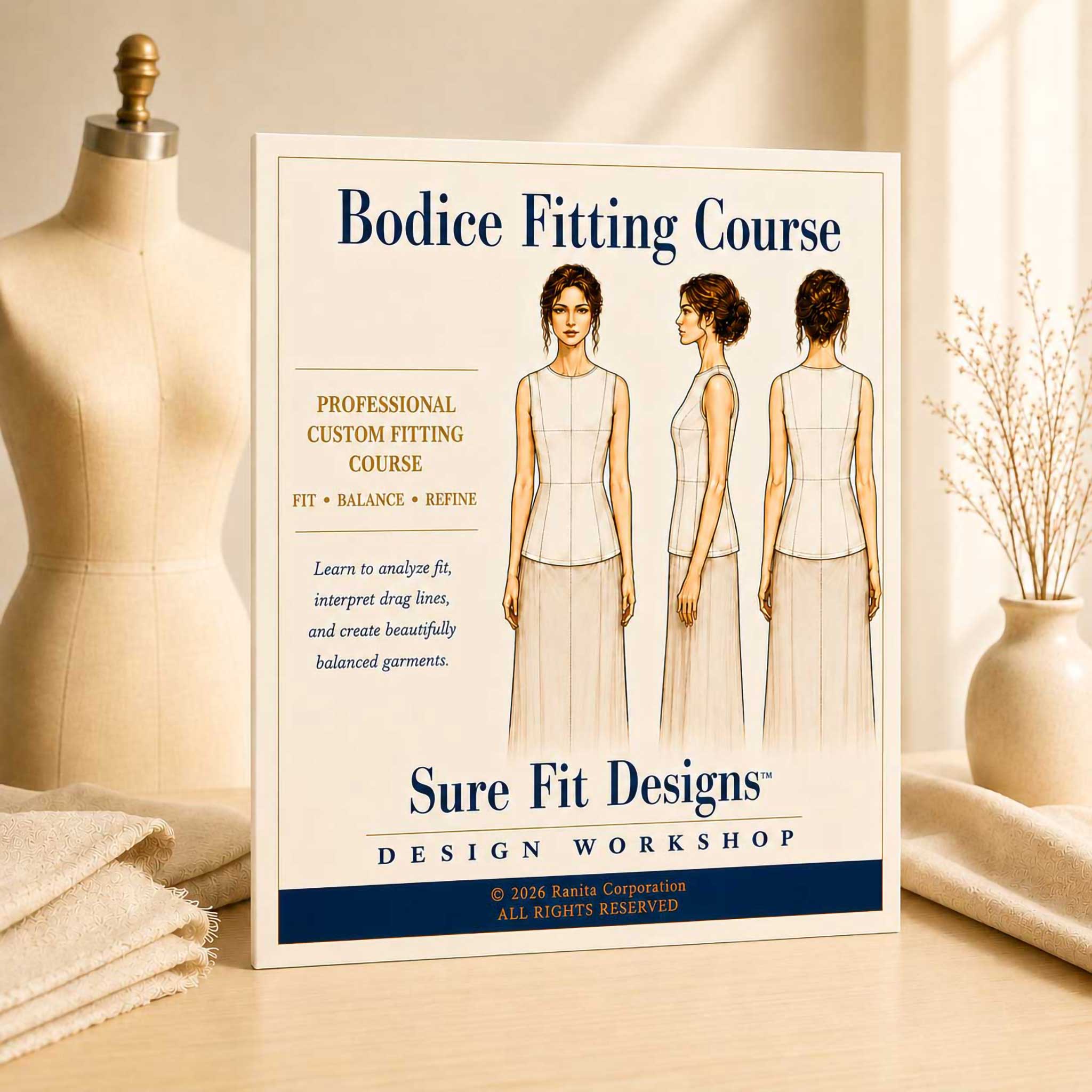 A Bodice Fitting course displayed on a light maple table
