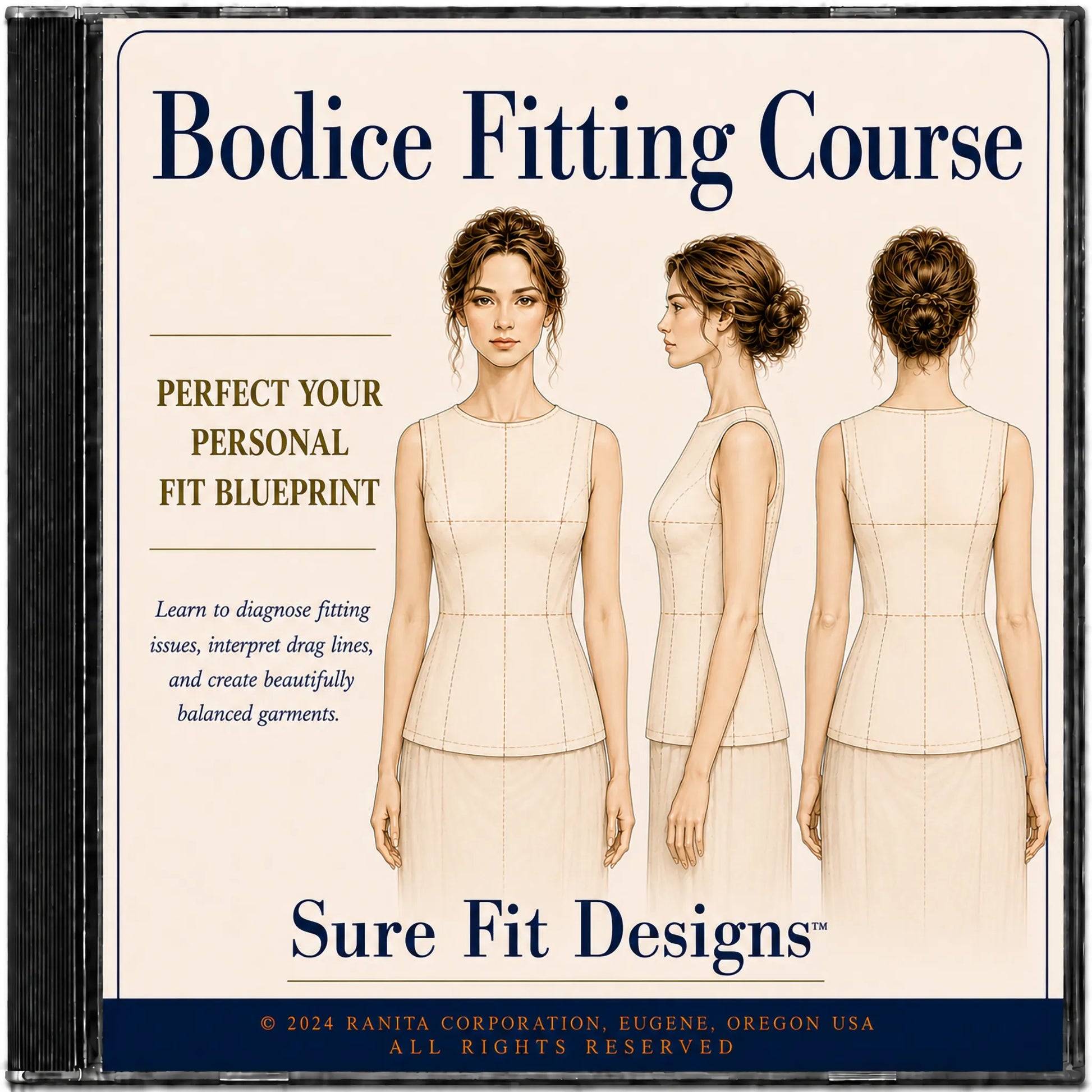 Cover of 'Bodice Fitting Course' by Sure Fit Designs with illustrations of a woman from front, side, and back views.