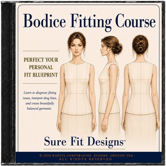 Cover of 'Bodice Fitting Course' by Sure Fit Designs with illustrations of a woman from front, side, and back views.