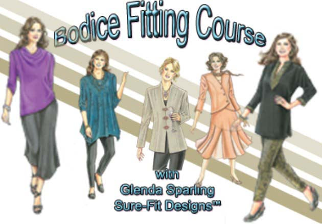 Advertisement for a bodice fitting course with models wearing different outfits.