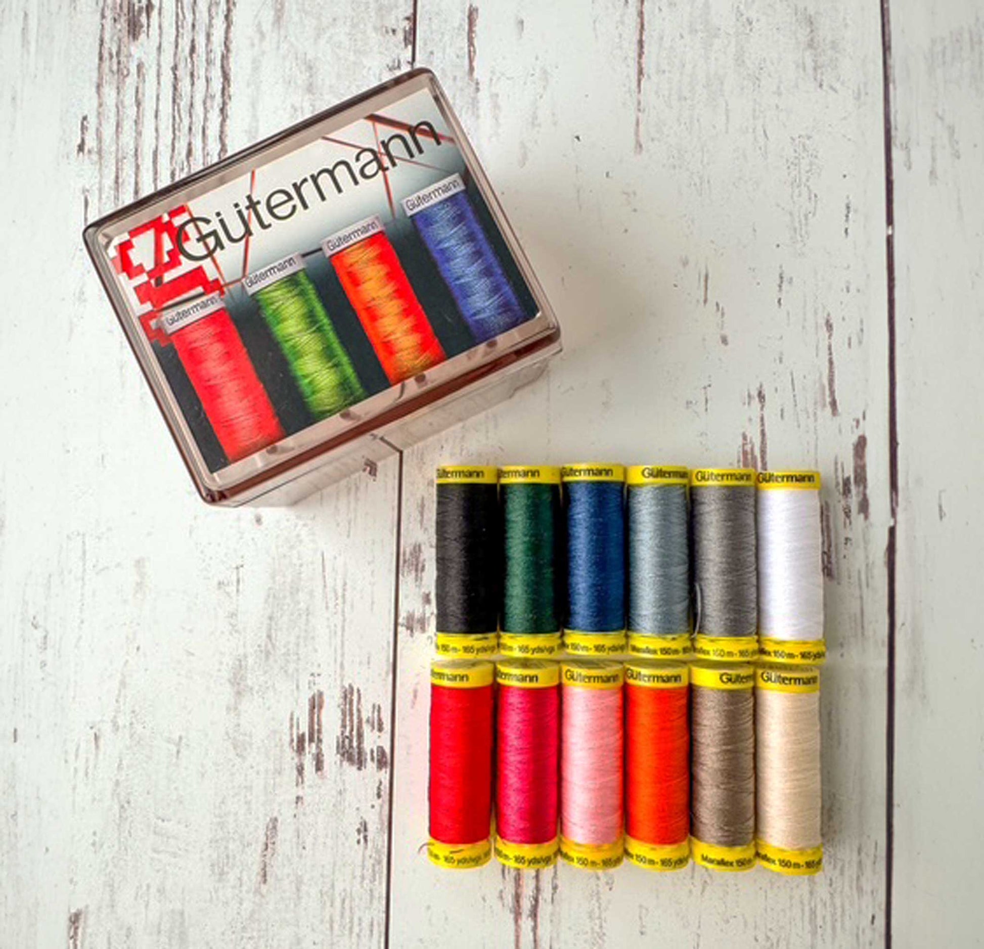 Gutermann thread set with spools on a wooden surface