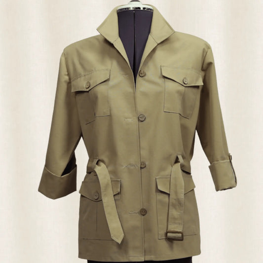 Khaki jacket on a mannequin against a plain background