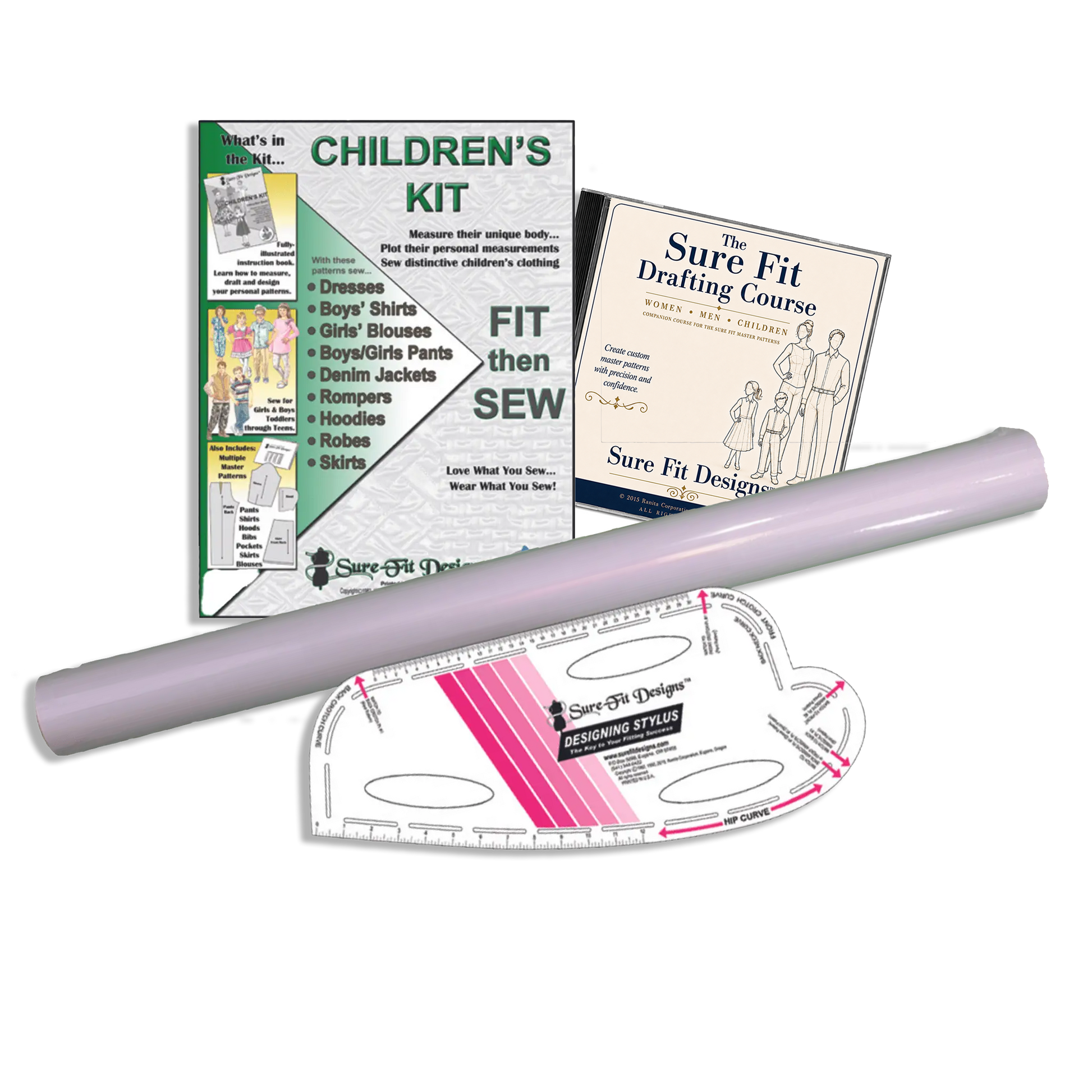 Children's sewing kit with pattern paper, ruler, and course book on a white background