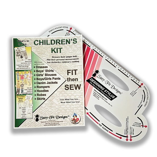 Children's sewing kit with measurement chart and ruler on a white background