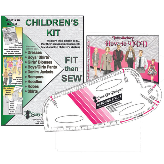 Children's sewing kit with pattern paper, ruler, and DVD on a white background