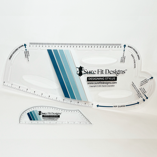 Sure Fit Designs designing styus and narrow seam buddy.  Transparent pattern making tools that have diagonal teal stripes and black lettering and Sure Fit Designs Logo with a black mannequin