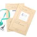 two large paper bag colored Pattern Archive envelopes from Patterntrace that has a teal measuring tape and bird shaped scissors on the left 