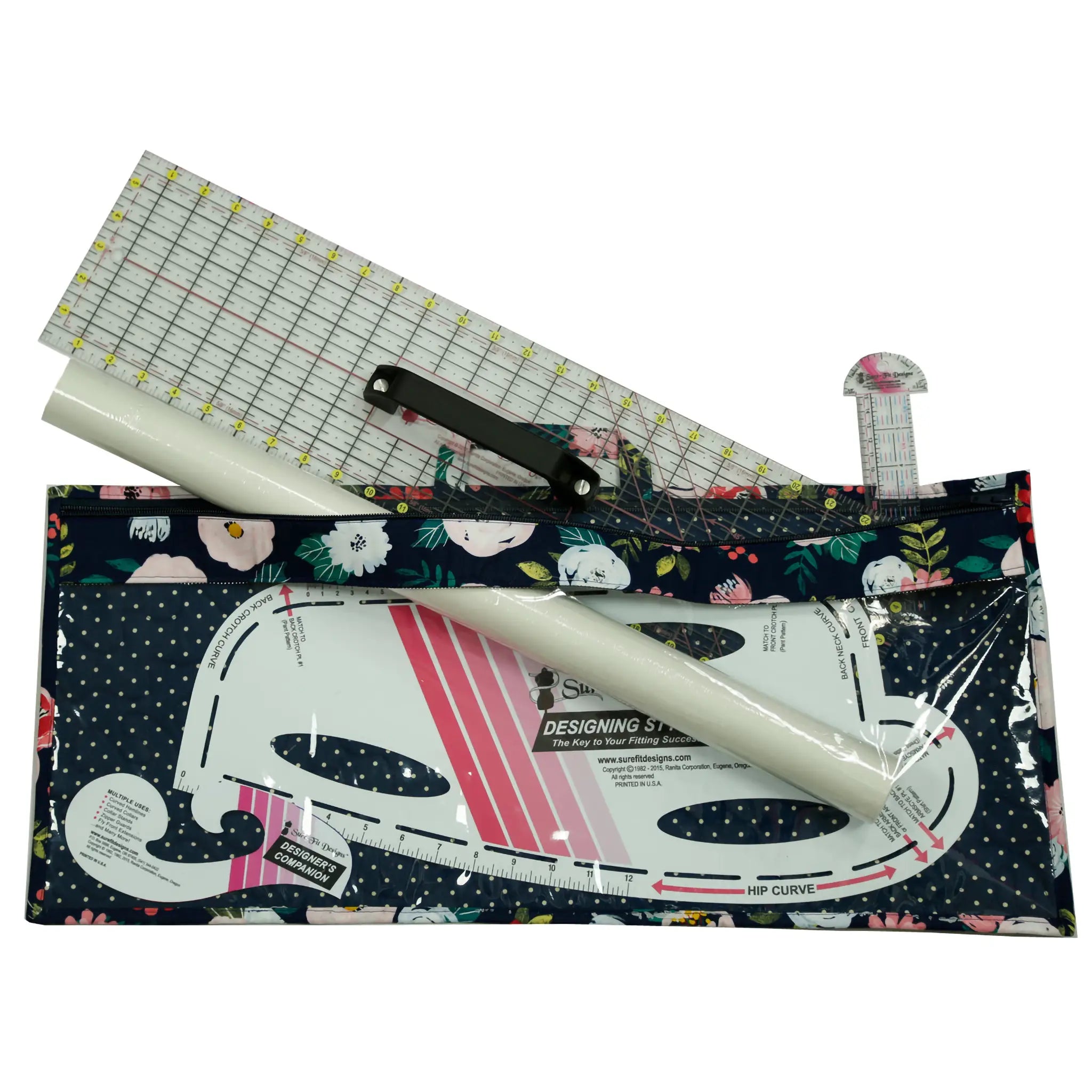 Set of sewing tools including a ruler, pattern paper, and a floral-patterned pouch on a white background