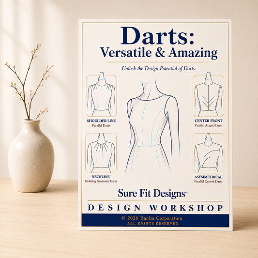 Poster about darts in fashion design on a wooden surface with a vase in the background