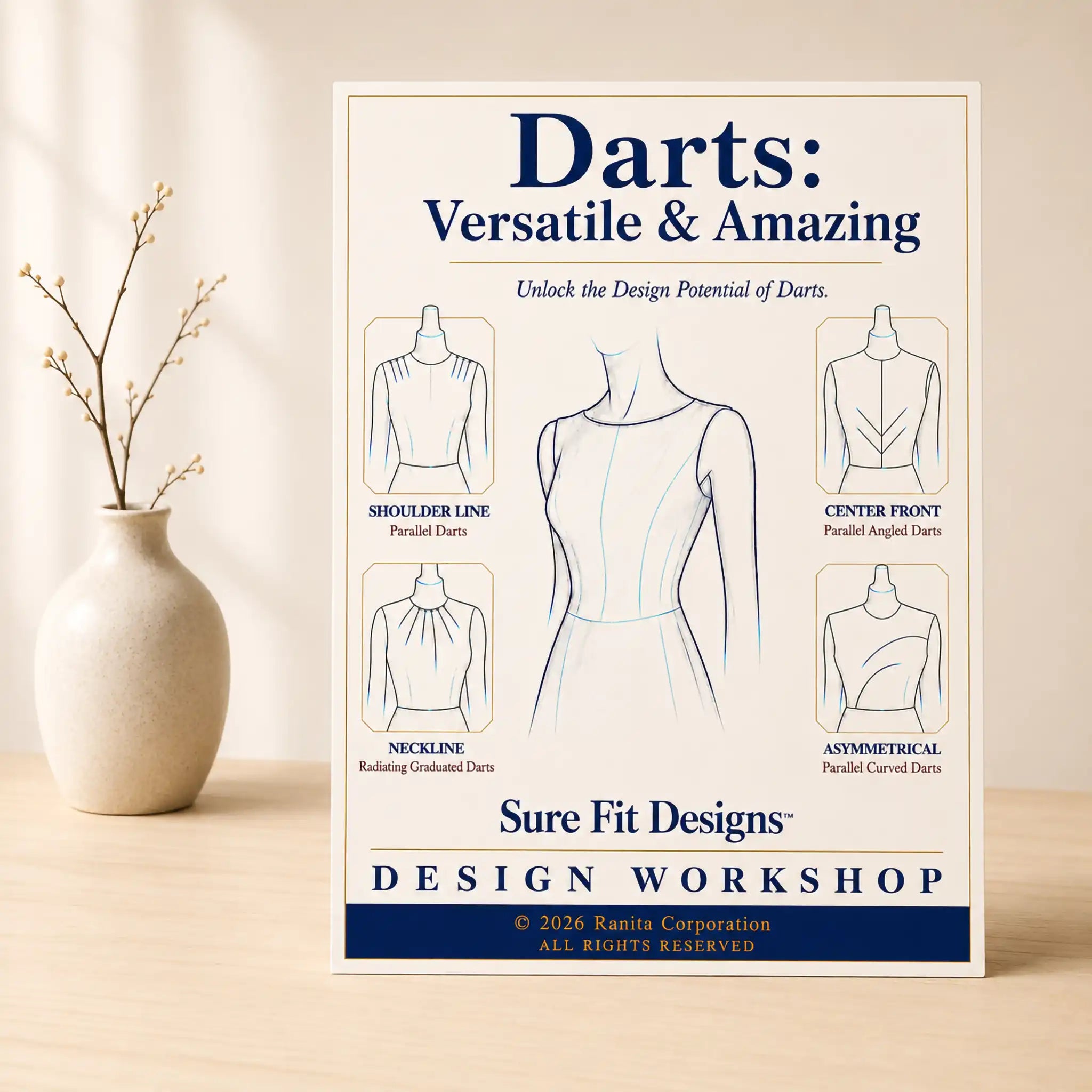 A Darts:  Versatile & Amazing course displayed on a light maple table with a small vase of branches.
