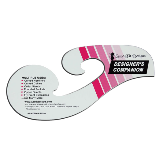 White and pink pattern drafting tool with text on a white background