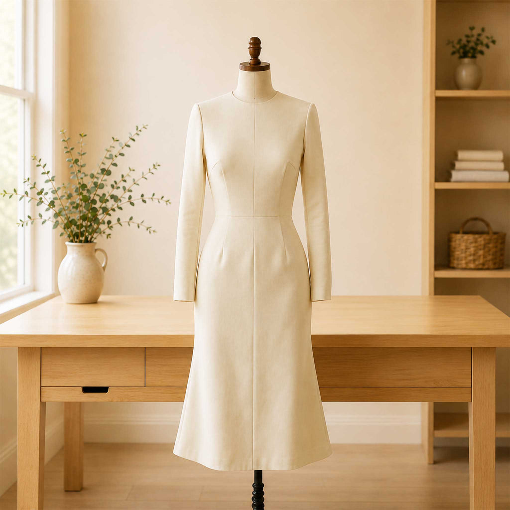 A mannequin wearing a dress muslin with a jewel neck, long sleeves in a warm space in front of a maple table 