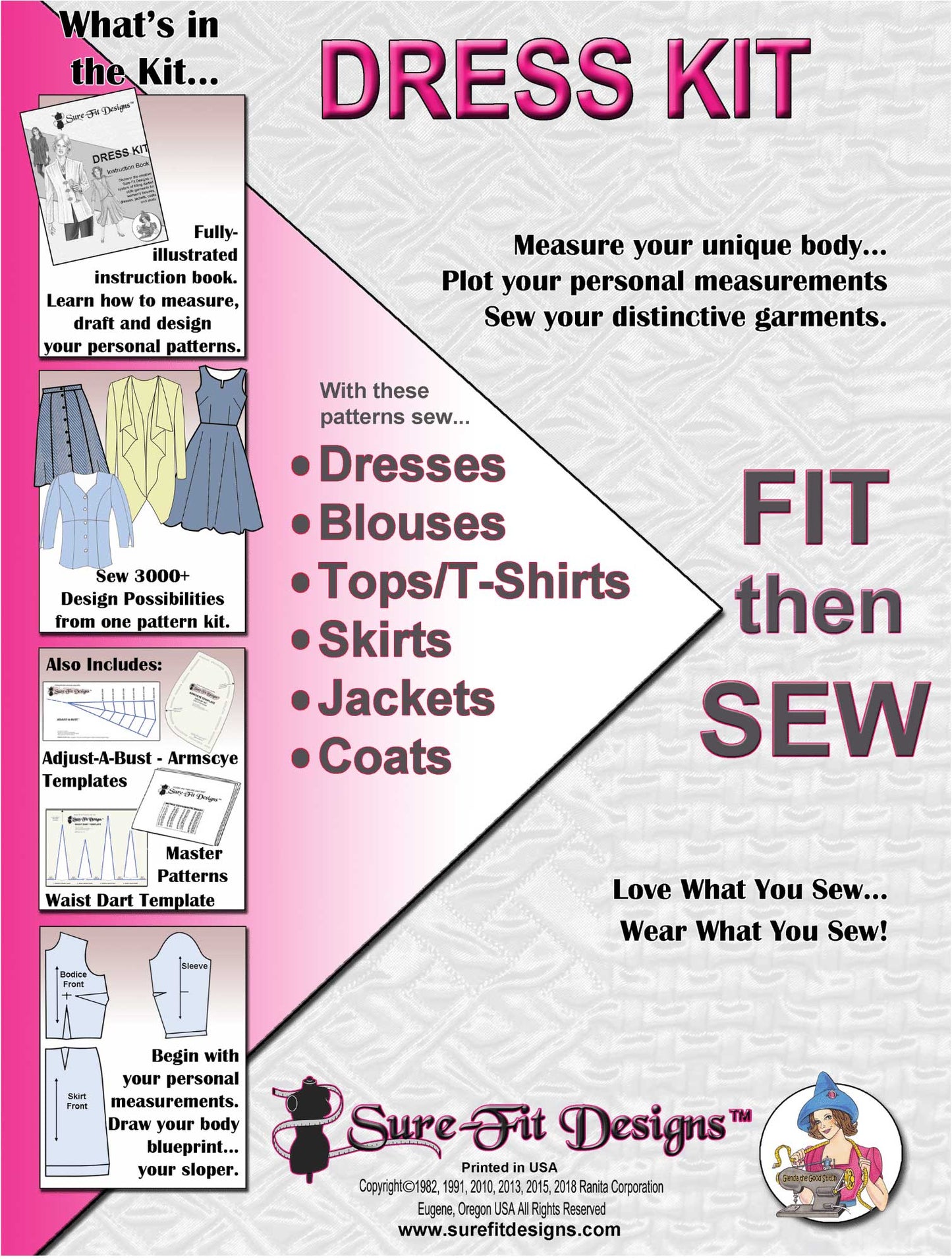 Dress kit from Sure Fit Designs advertisement with text and illustrations on a pink and white background