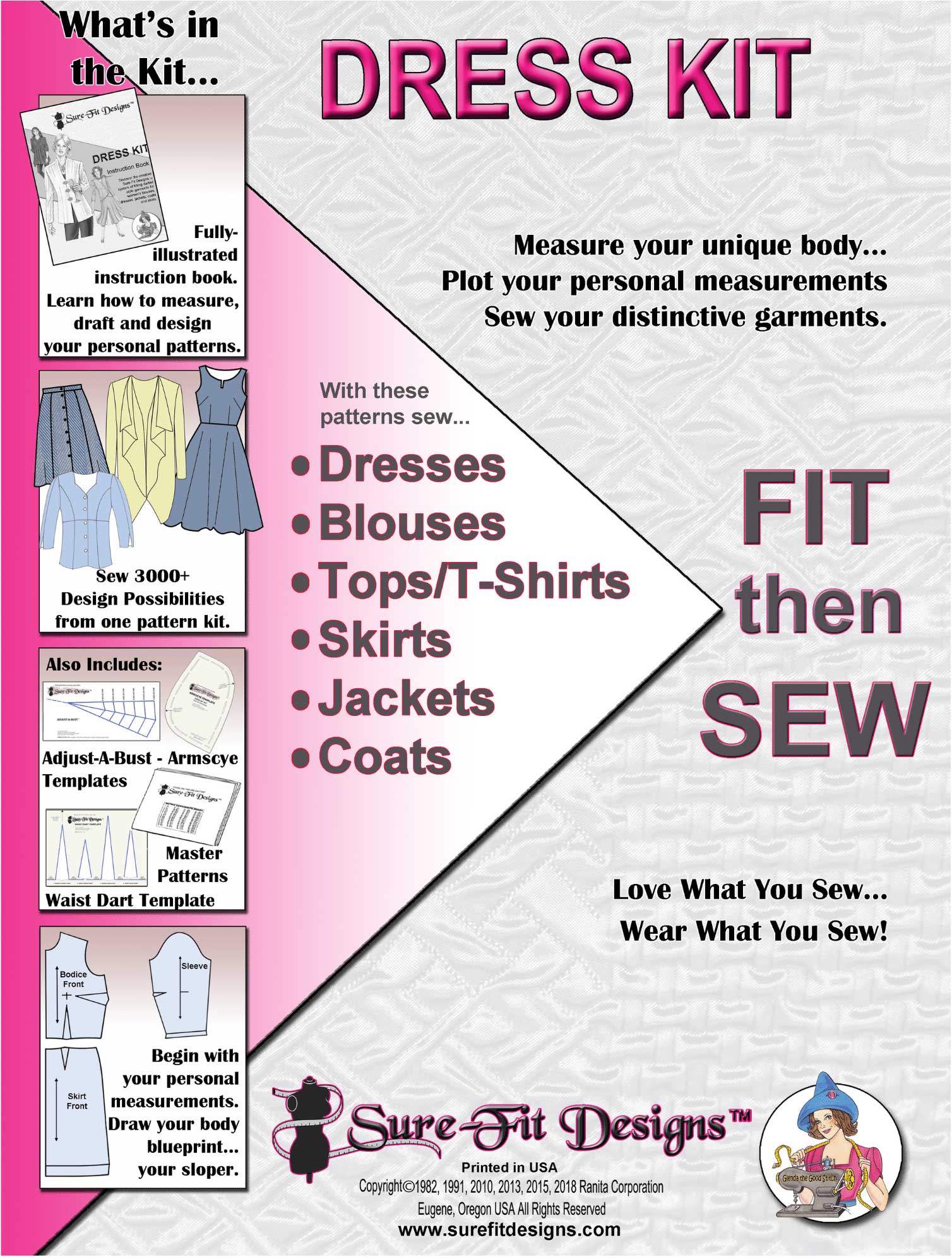 Dress kit from Sure Fit Designs advertisement with text and illustrations on a pink and white background